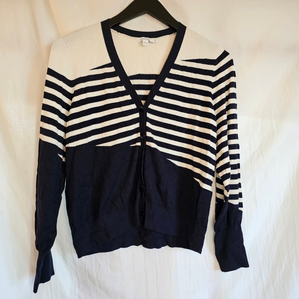Chicos Navy Blue White Striped‎ Colorblock Cardigan Sweater V-Neck Size 2 Large